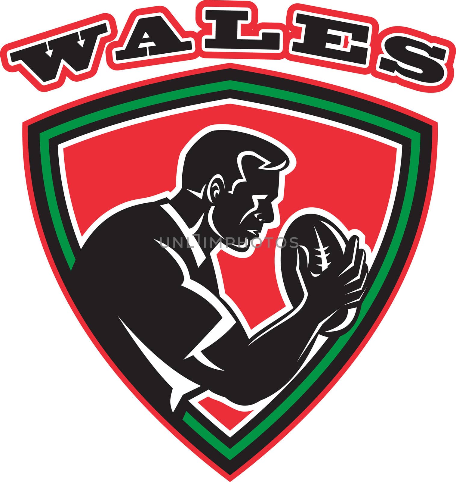 illustration of a rugby player with ball set inside shield done in retro style with words Wales