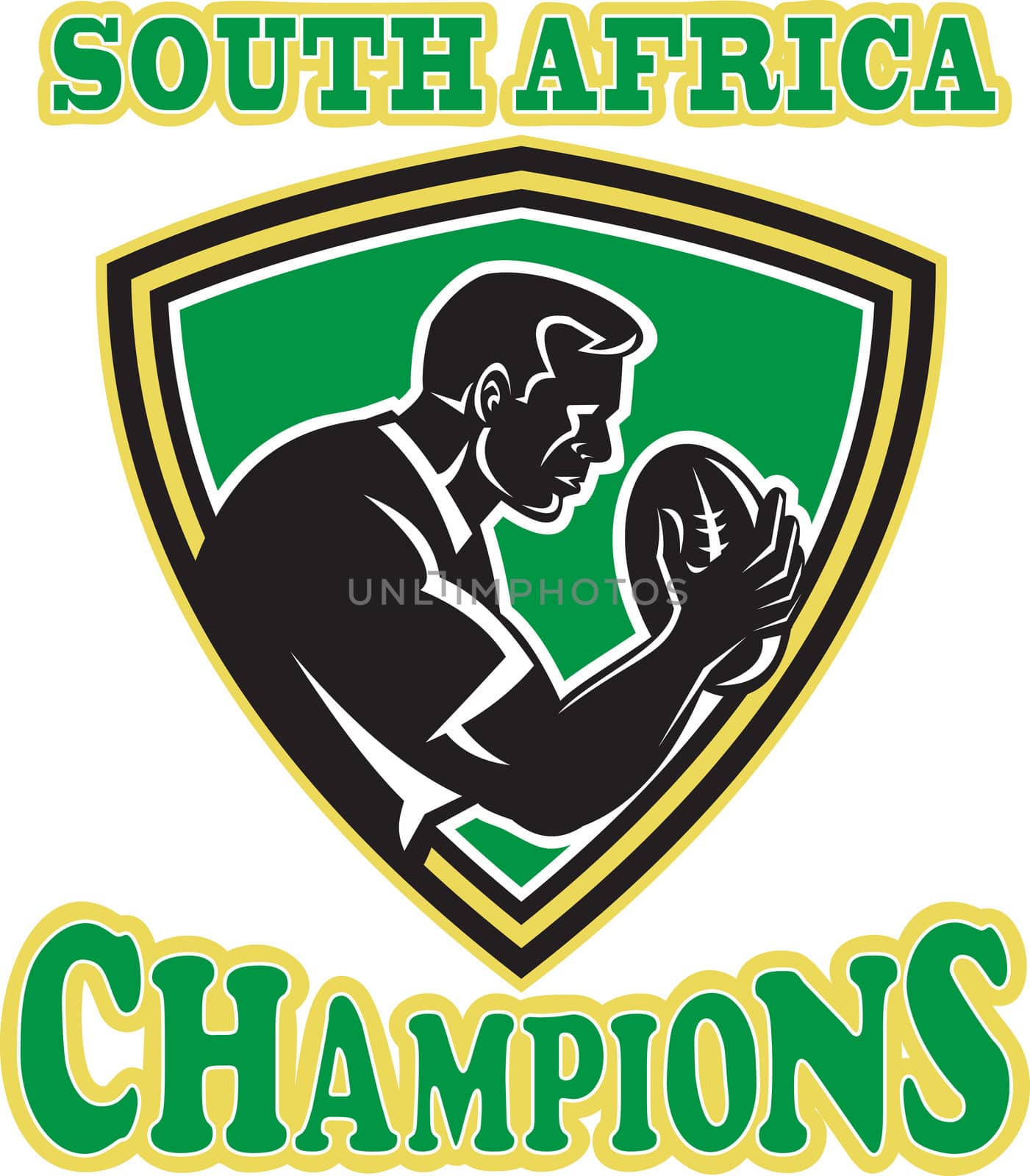 illustration of a rugby player with ball set inside shield done in retro style with words South Africa Champions