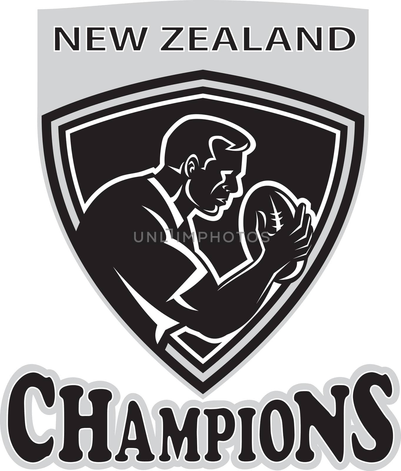 illustration of a rugby player with ball set inside shield done in retro style with words New Zealand Champions   