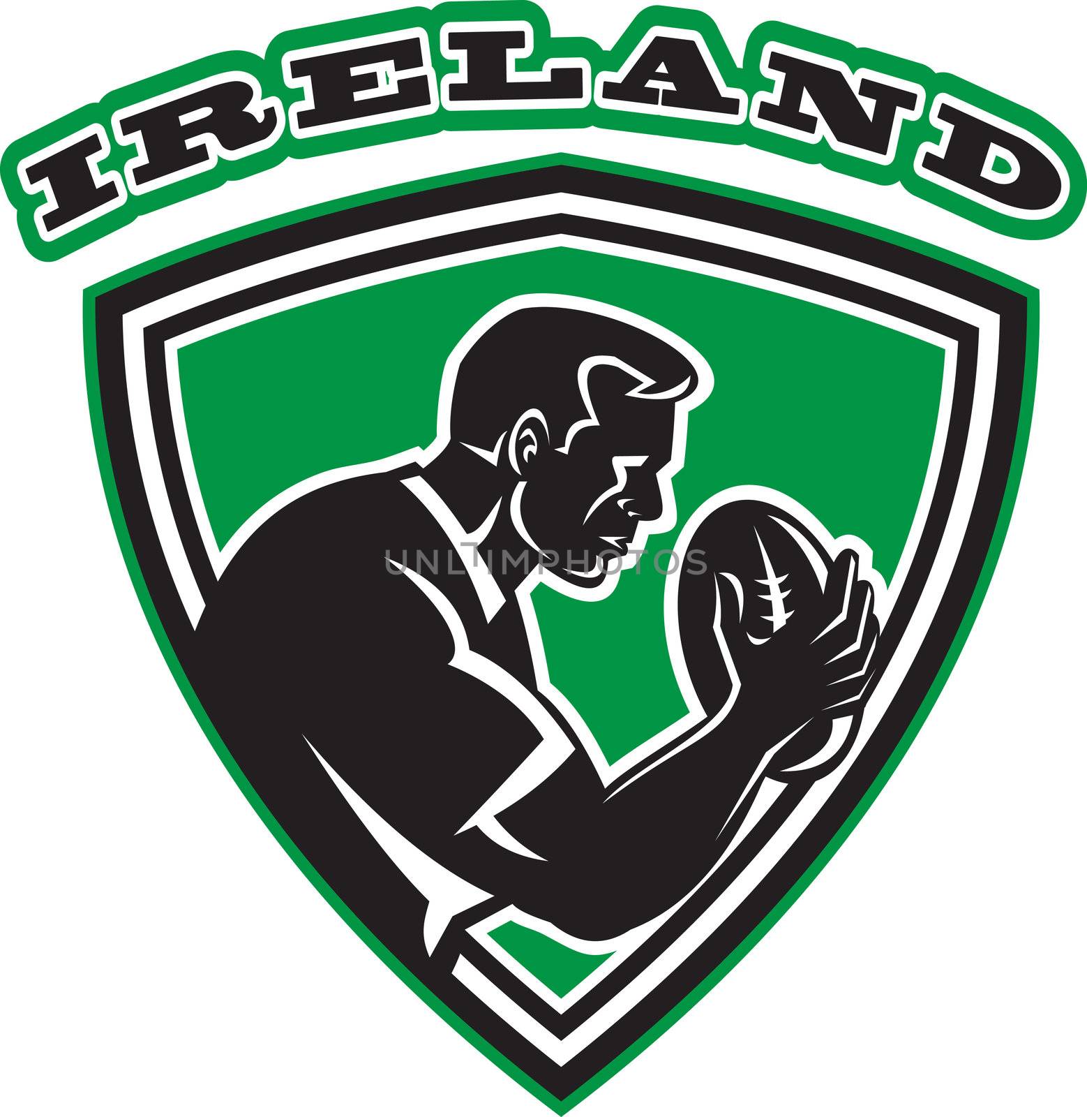 illustration of a rugby player with ball set inside shield done in retro style with words Ireland