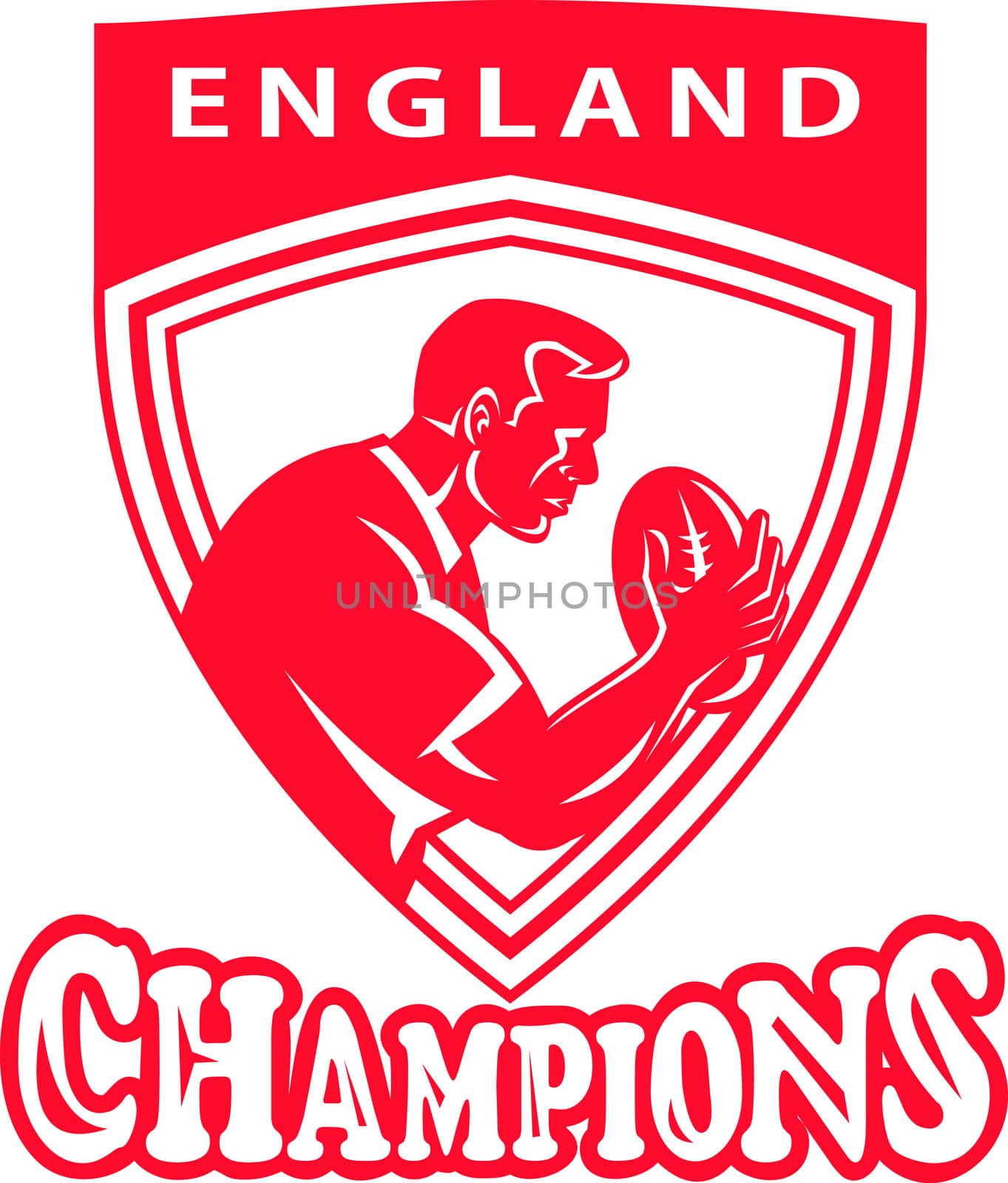 illustration of a rugby player with ball set inside shield done in retro style with words England Champions   