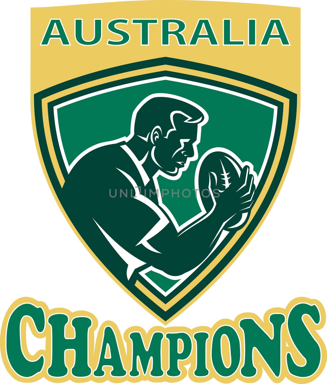 illustration of a rugby player with ball set inside shield done in retro style with words Australia Champions   