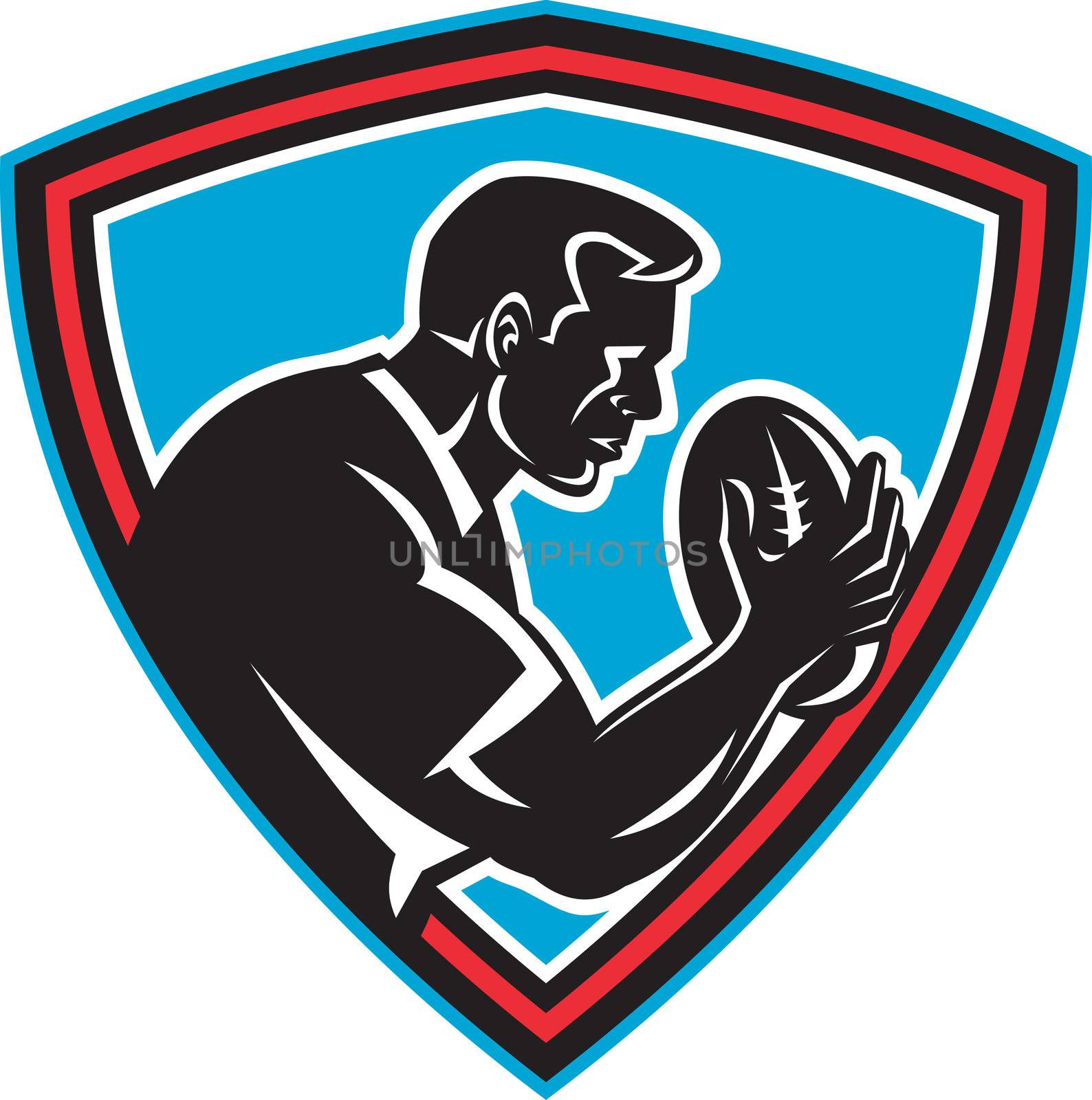 illustration of a Rugby player running with ball viewed from front set inside shield done in retro style 