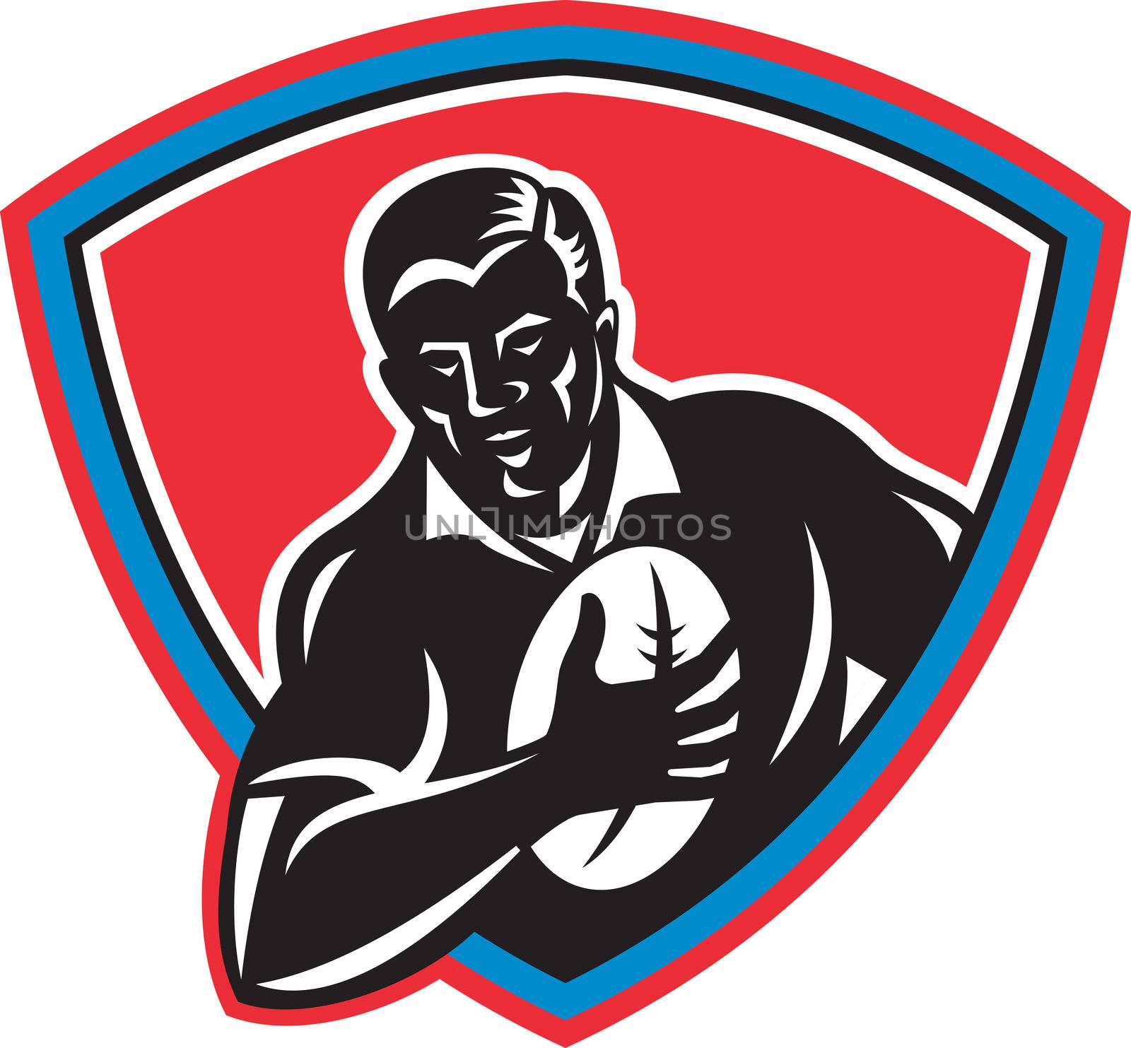 illustration of a Rugby player running with ball viewed fromfront set inside shield done in retro style 