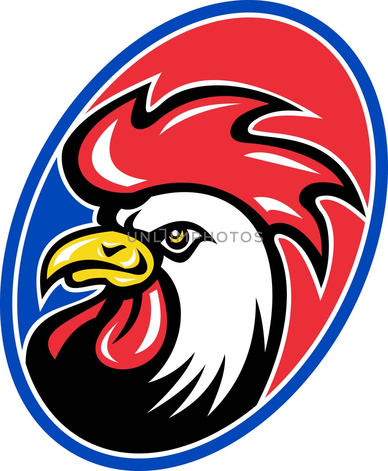 illustration of a rooster cockerel head facing side set inside an oval done in retro style