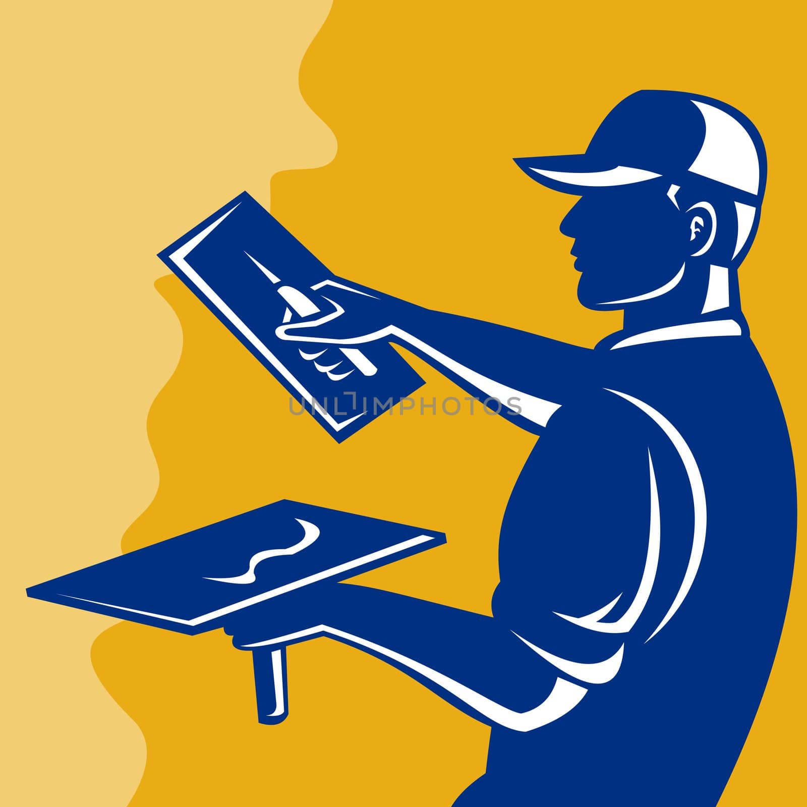 illustration of a tradesman worker plasterer at work done in retro style set inside a square