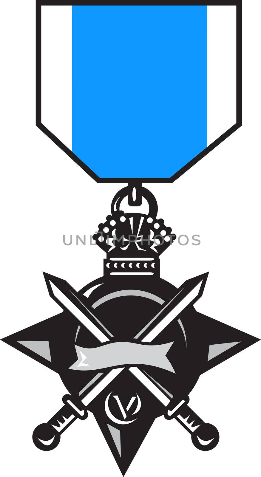 illustration of a military medal of bravery, honor and valor showing a crossed sword with crown isolated on white