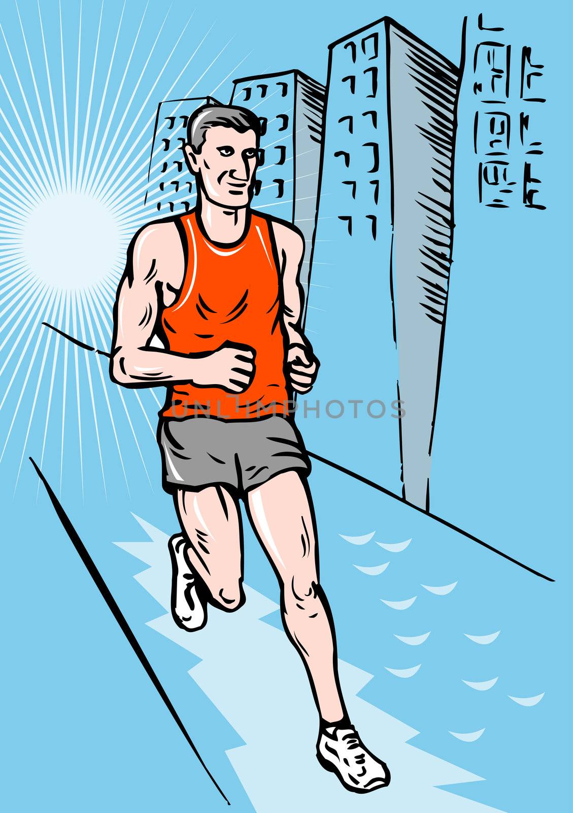 sketch style illustration of a jogger or marathon runner running race in street with buildings in background