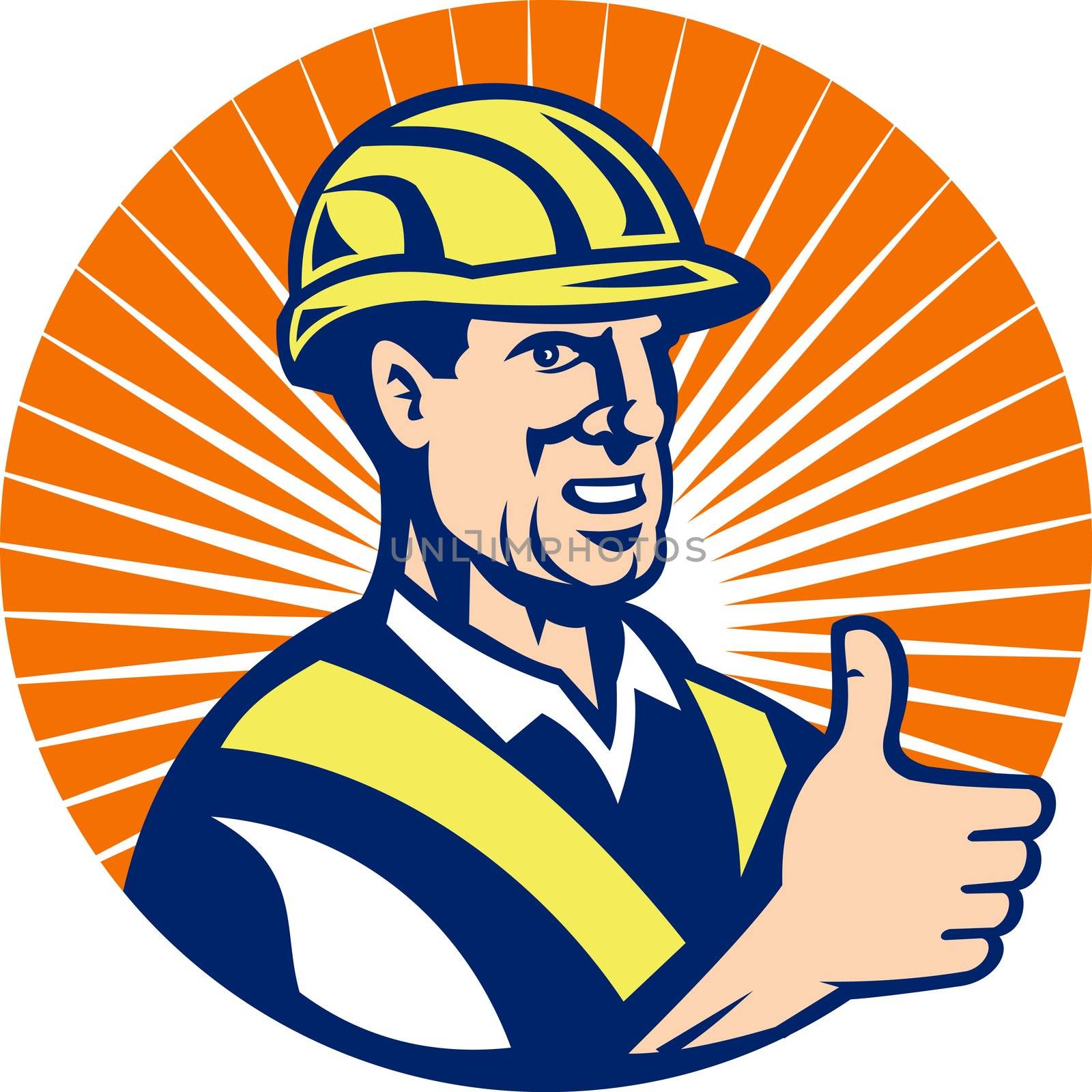 illustration of a construction worker thumbs up done in retro style set inside circle