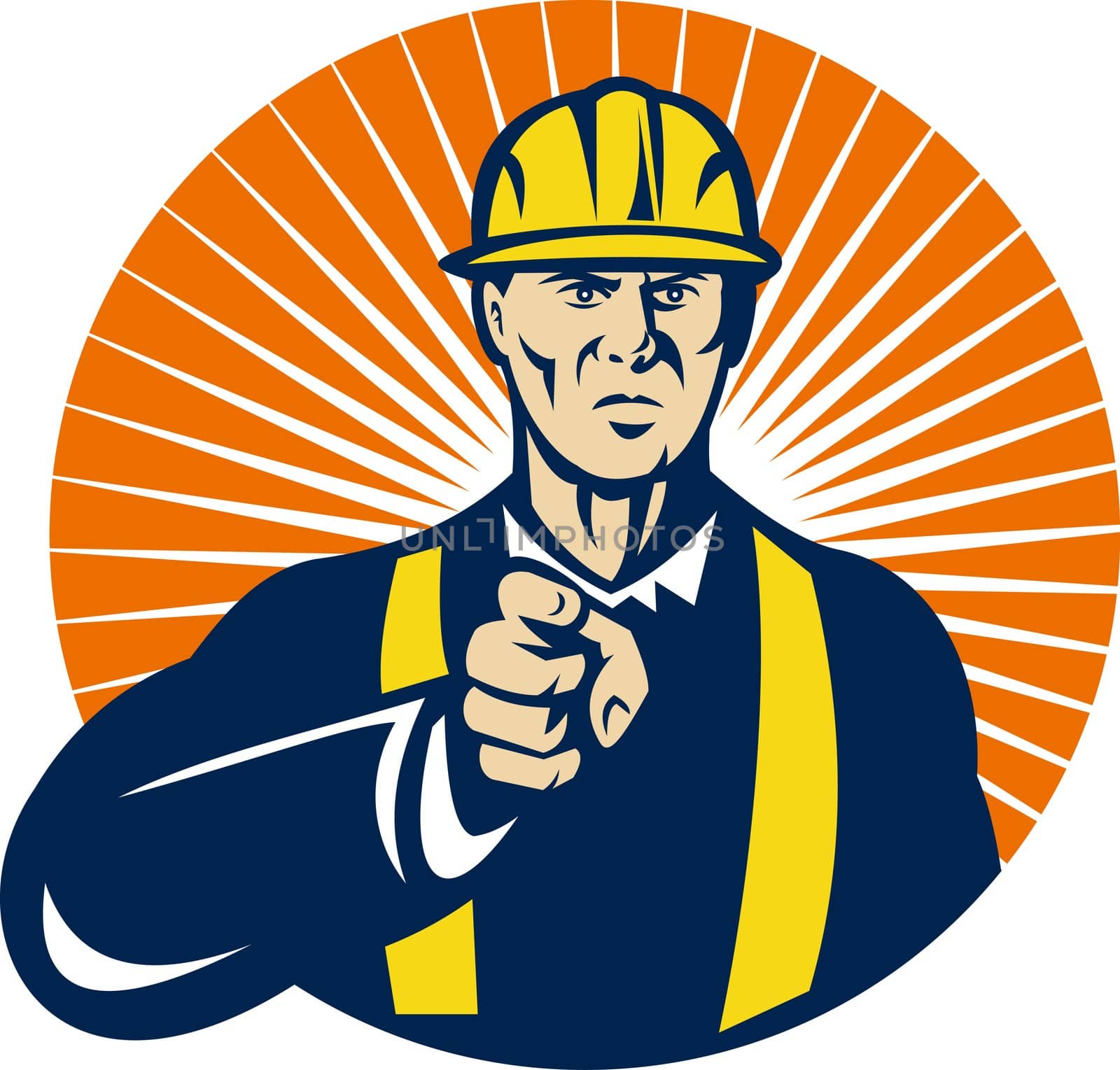 illustration of a construction worker pointing at you done in retro style set inside circle