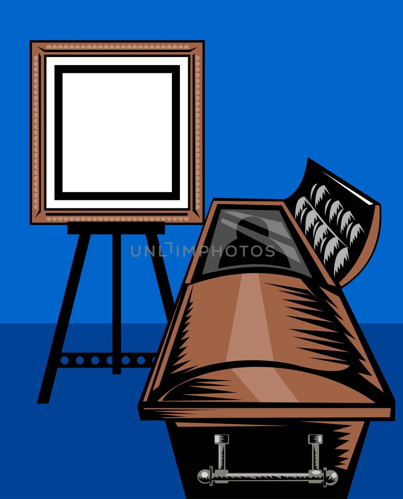 illustration of a casket or coffin with picture frame on easel stand viewed from front done in retro style.