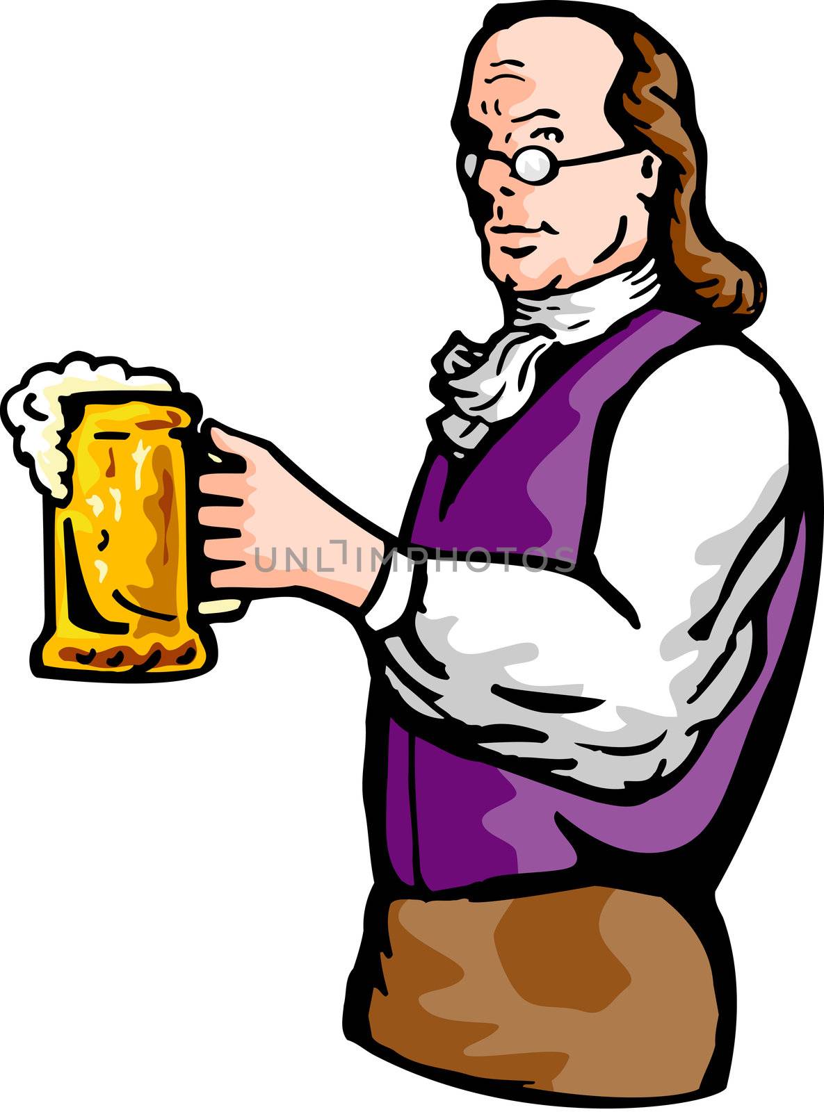 illustration of a Benjamin Franklin or noble aristocratic gentleman holding mug of beer