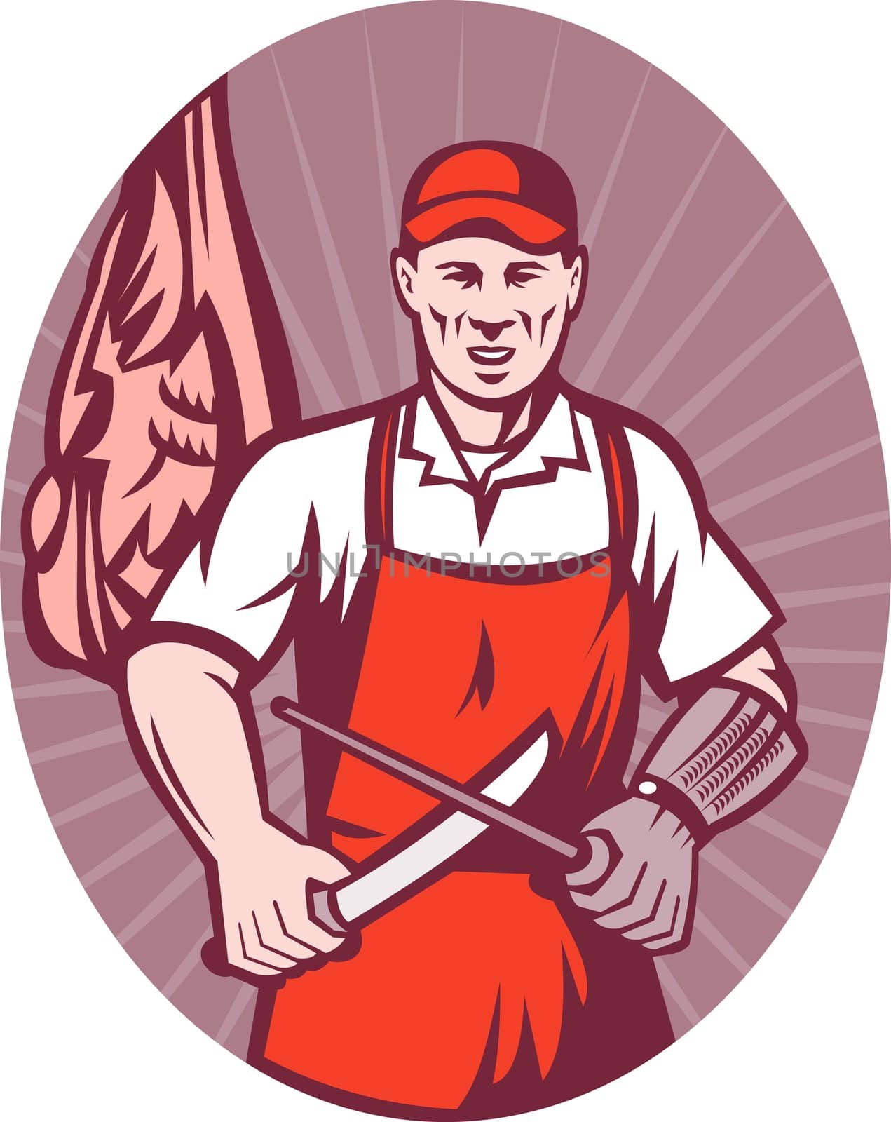 illustration of a meat butcher with knife and sharpener done in retro style set inside a circle with sunburst