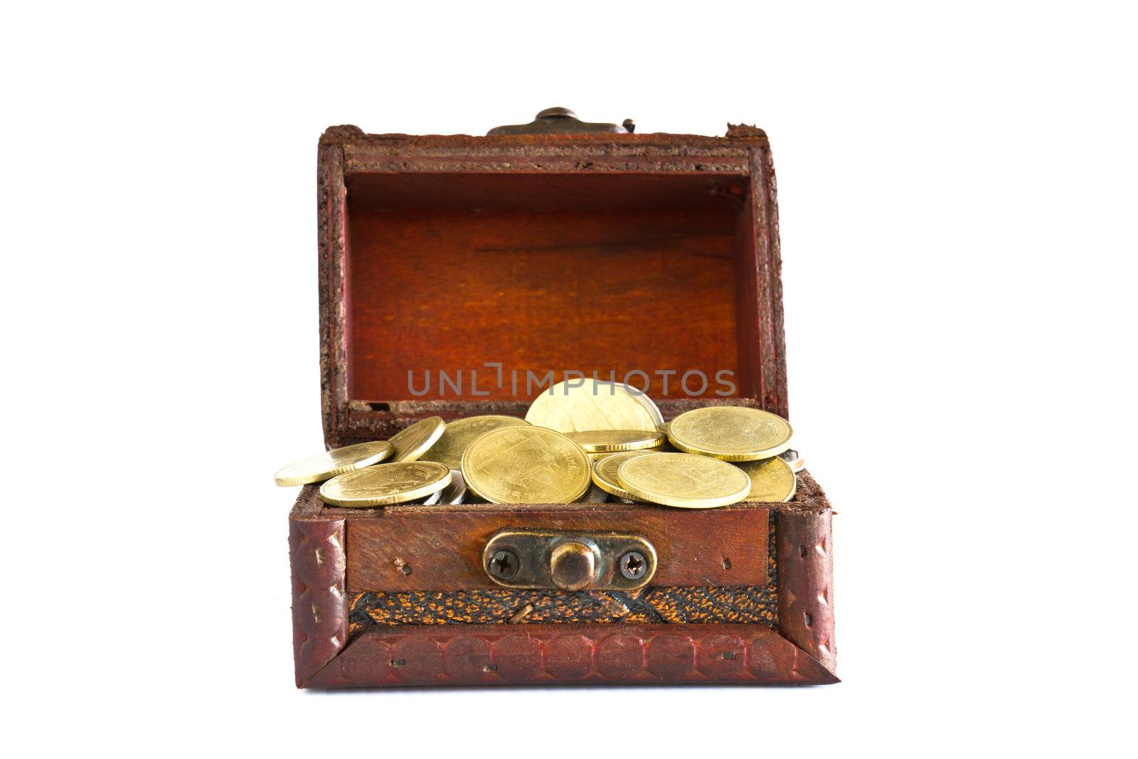 Treasure chest filled with gold coins isolated on white background