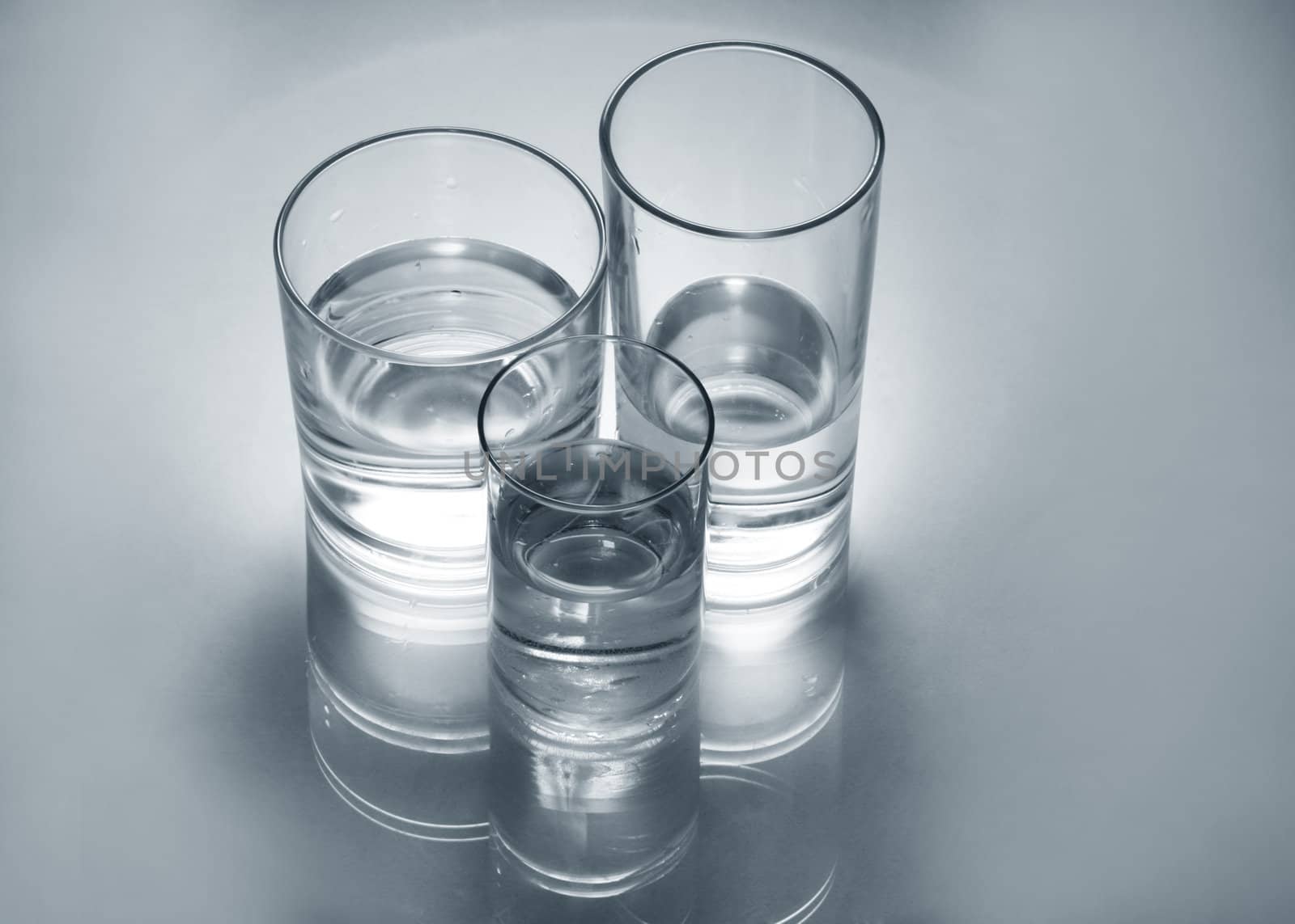 Three different glass glasses with water