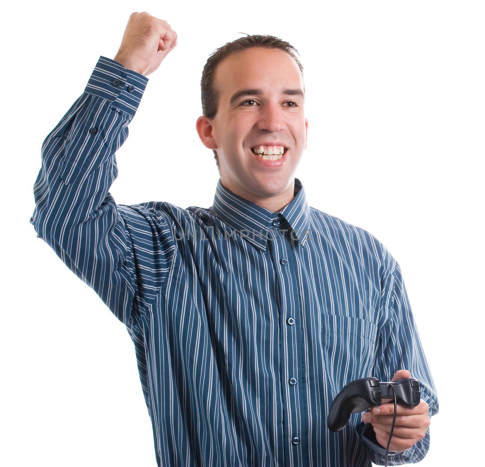 An adult winning at his video game that he was playing, isolated against a white background