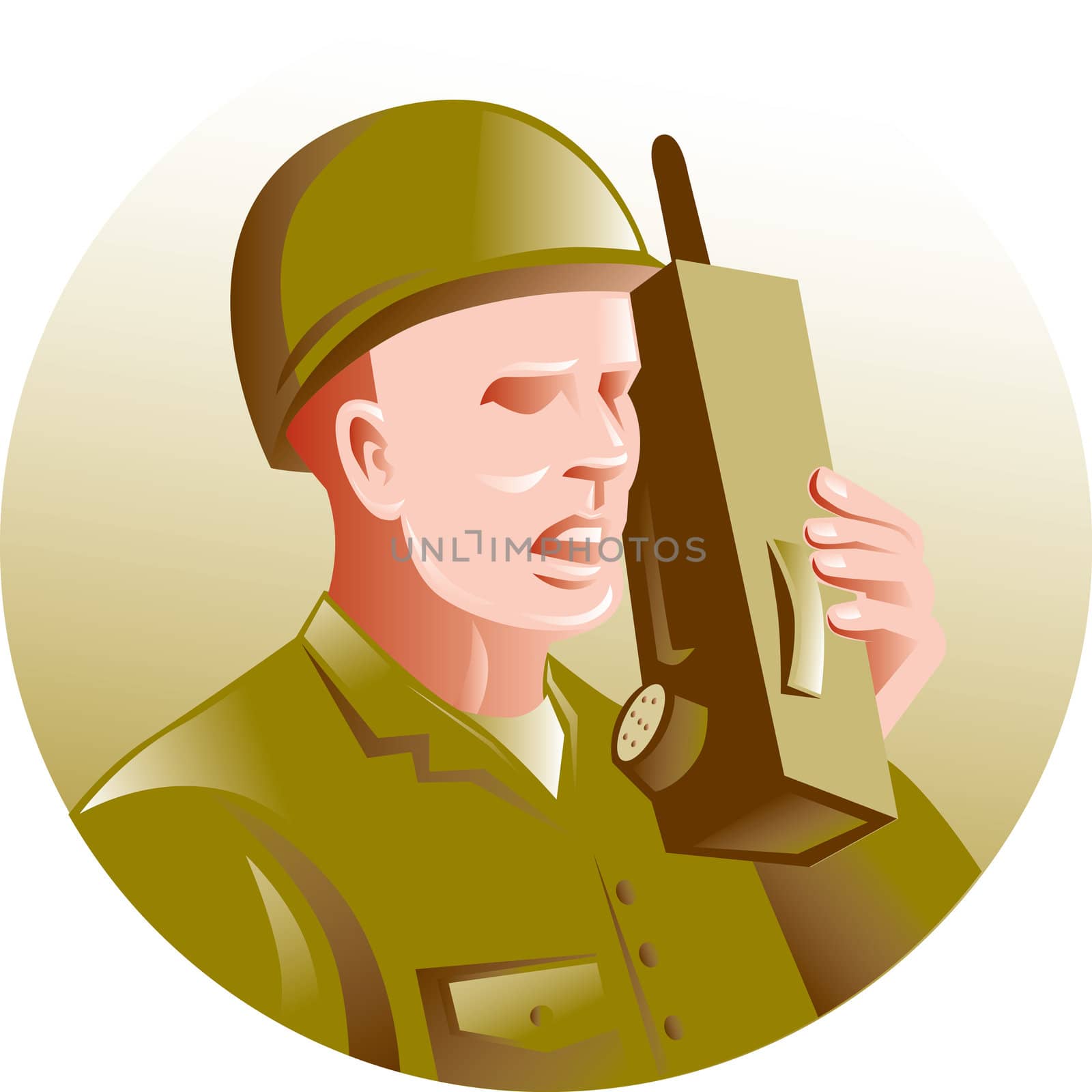 illustration of a military soldier talking on radio walkie-talkie set inside circle done in retro style.