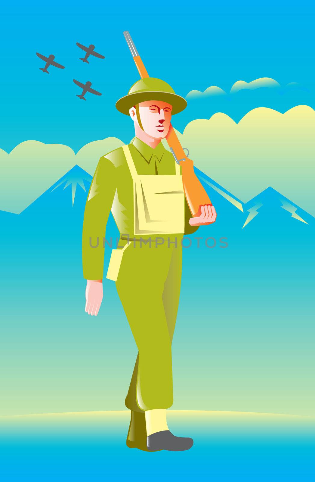 illustration of a British World War two soldier with rifle marching with airplanes flying, mountains and clouds in background