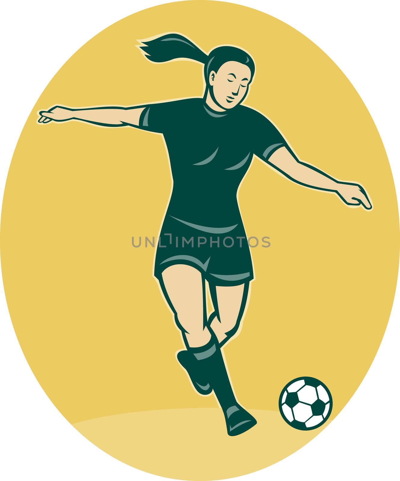 illustration of a woman girl playing soccer kicking the ball cartoon style