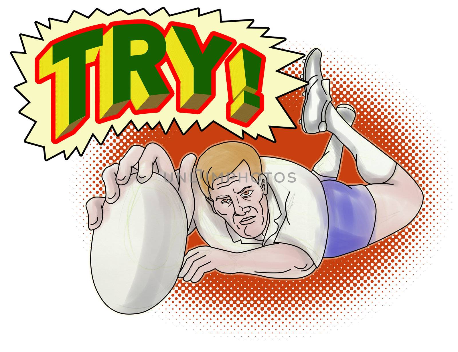 illustration of a rugby player scoring a try with halftone dots  on isolated background 