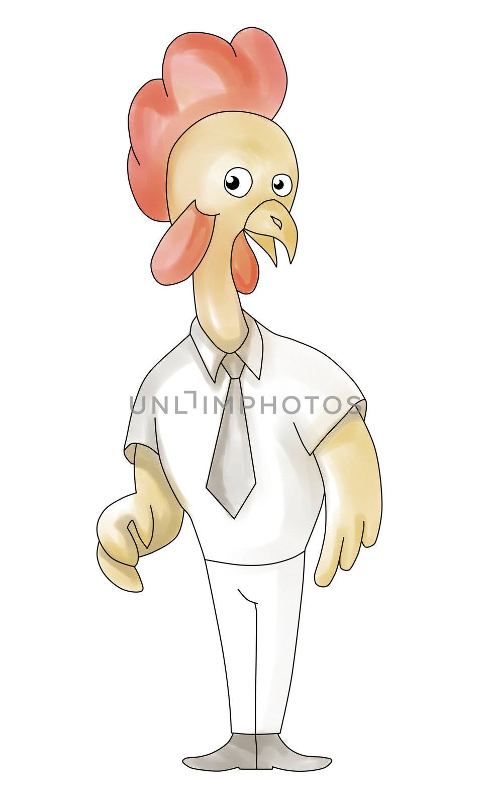 Illustration of a cartoon rooster chicken standing acting surprise with necktie on isolated white background