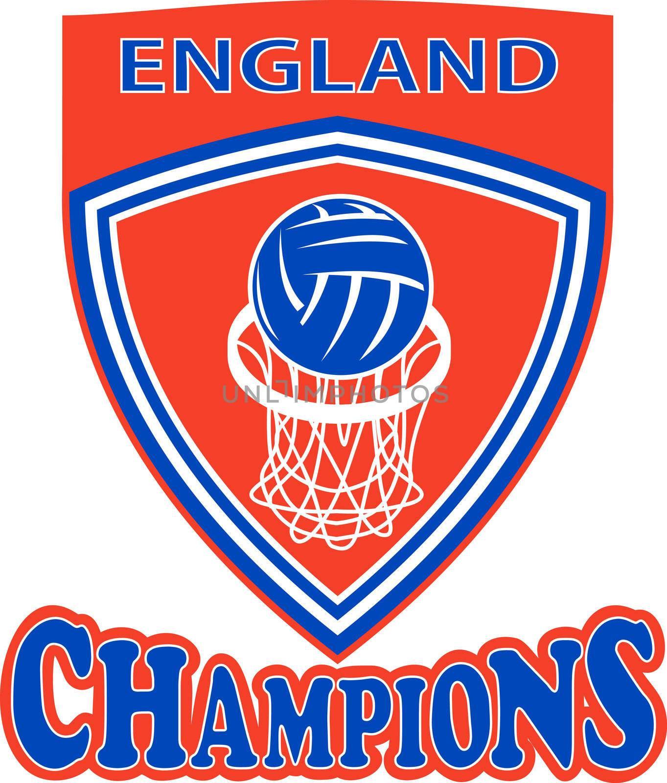 illustration of a netball ball and net hoop set inside shield with words England Champions