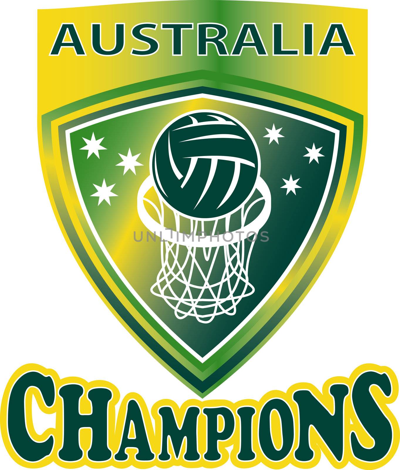 illustration of a netball ball and net hoop set inside shield with words Australia Champions