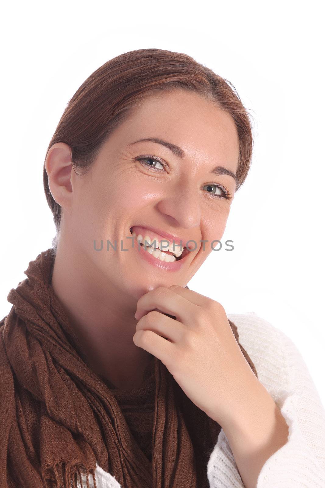 beautiful young a woman with brown scarf on white background