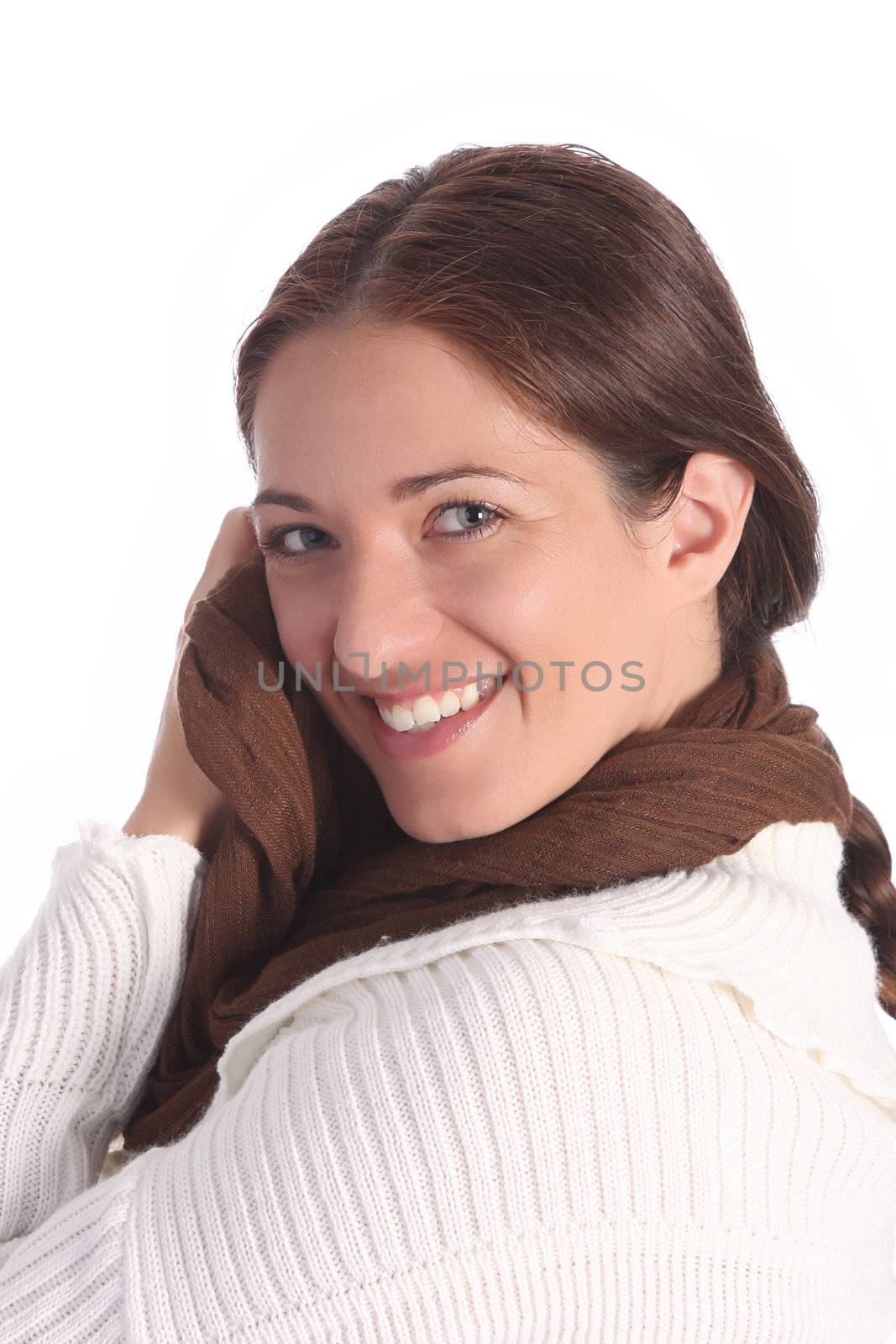 beautiful young a woman with brown scarf on white background