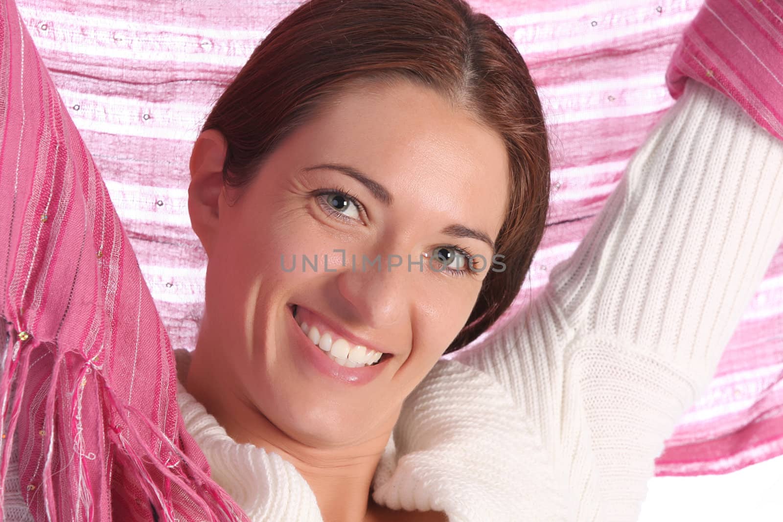 beautiful young a woman with scarf on white background