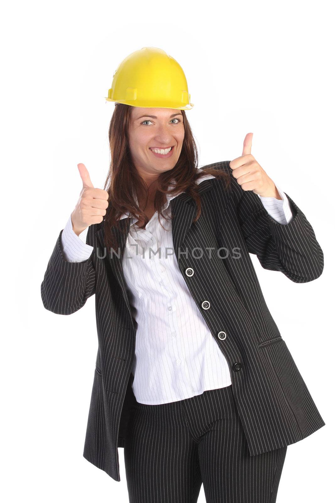 young businesswoman with helmet on white background