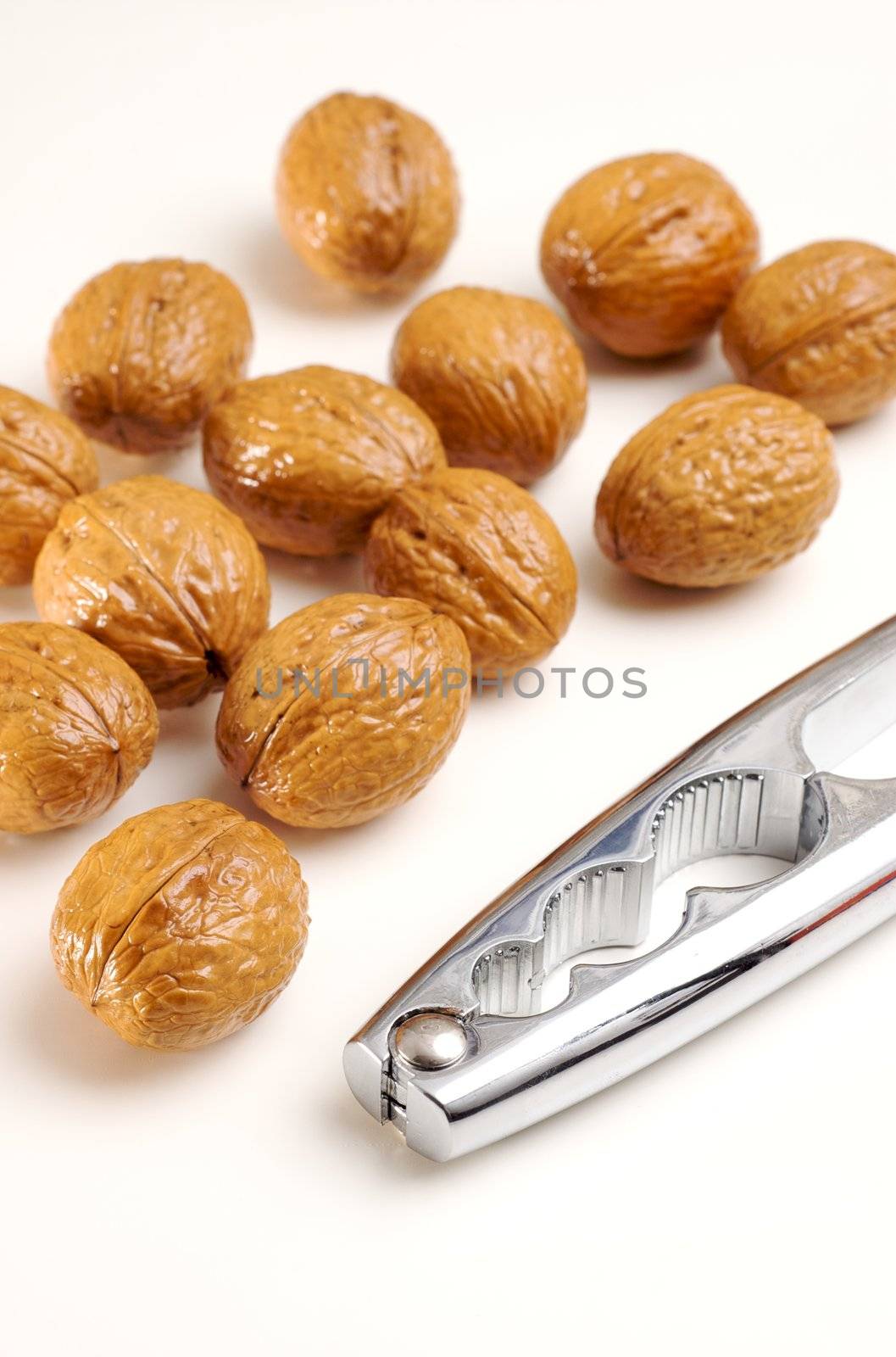 Walnuts and a steel nutcracker isolated on white