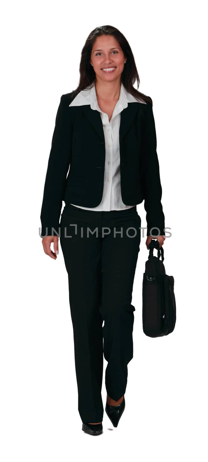 Young businesswoman walking through the camera isolated against a white background.