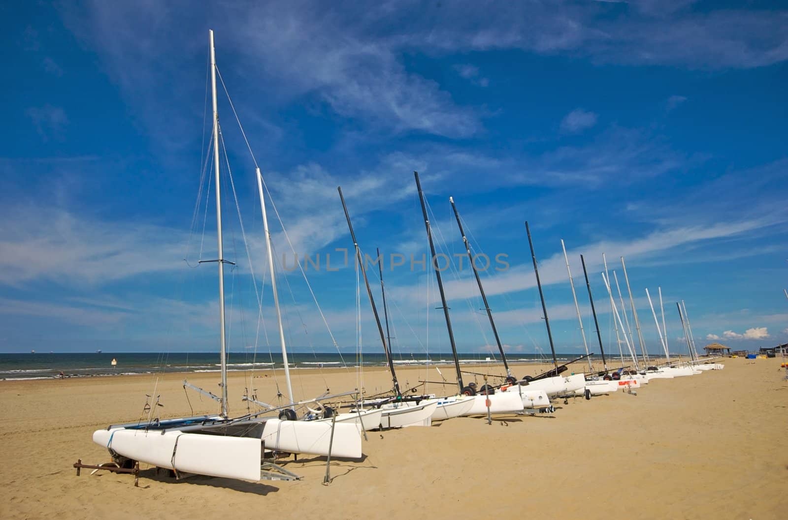 Catamaran vessels standing on a beach in Holland in summer