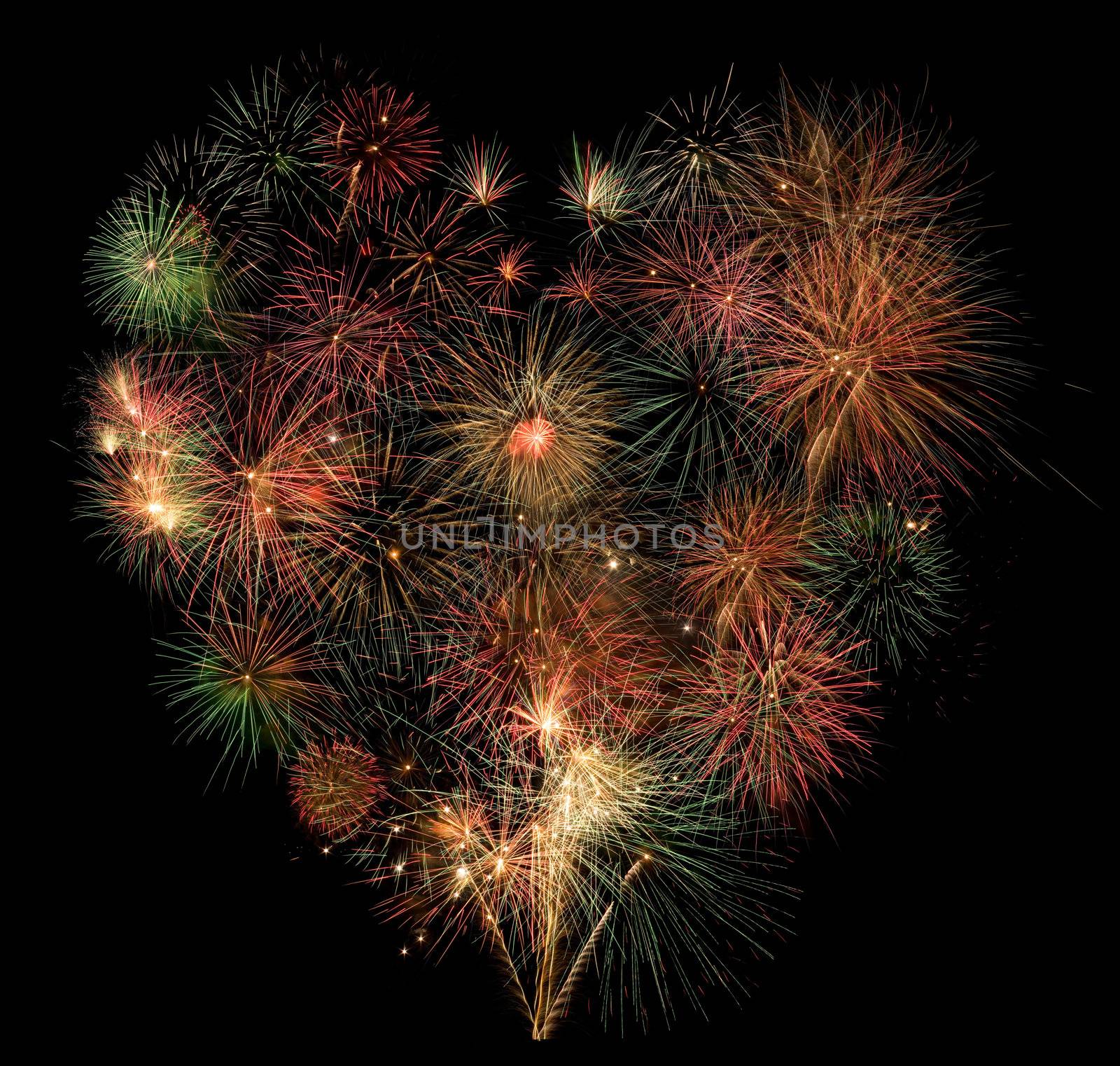 Heart of fireworks on black background.