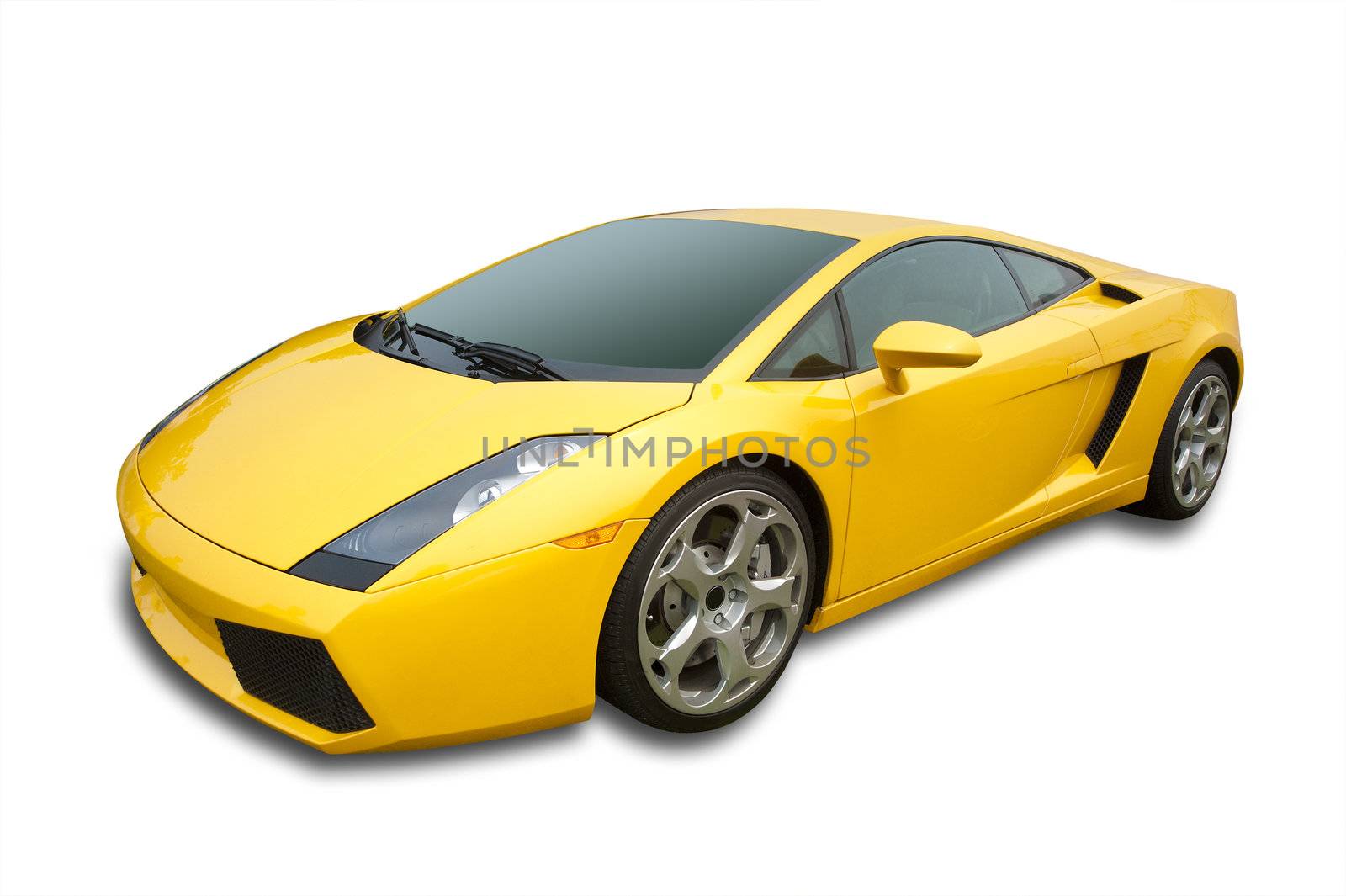 Sports car in yellow from Italy, isolated on white with shadow and clipping path