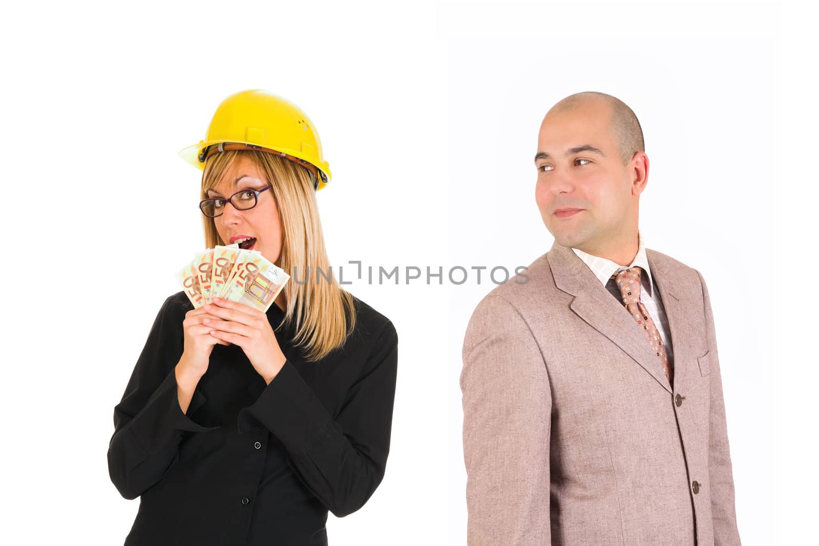 businesswoman with earnings and businessman on white background