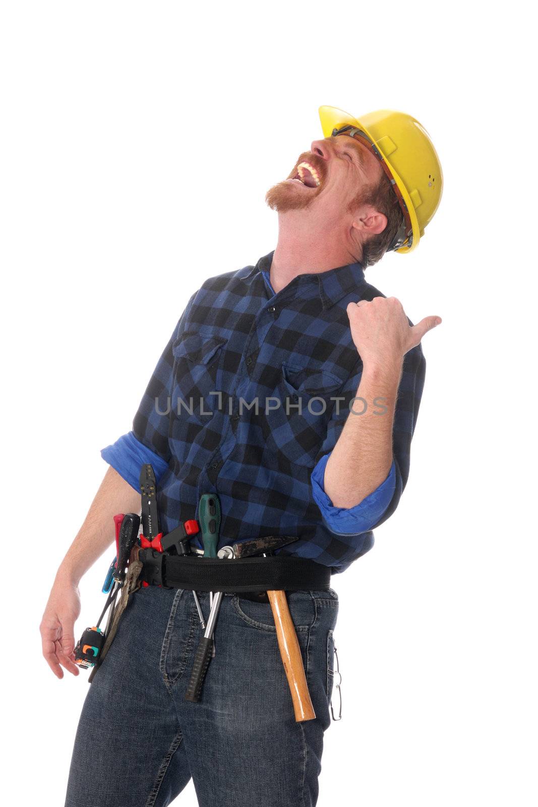 An construction worker tittering on white background