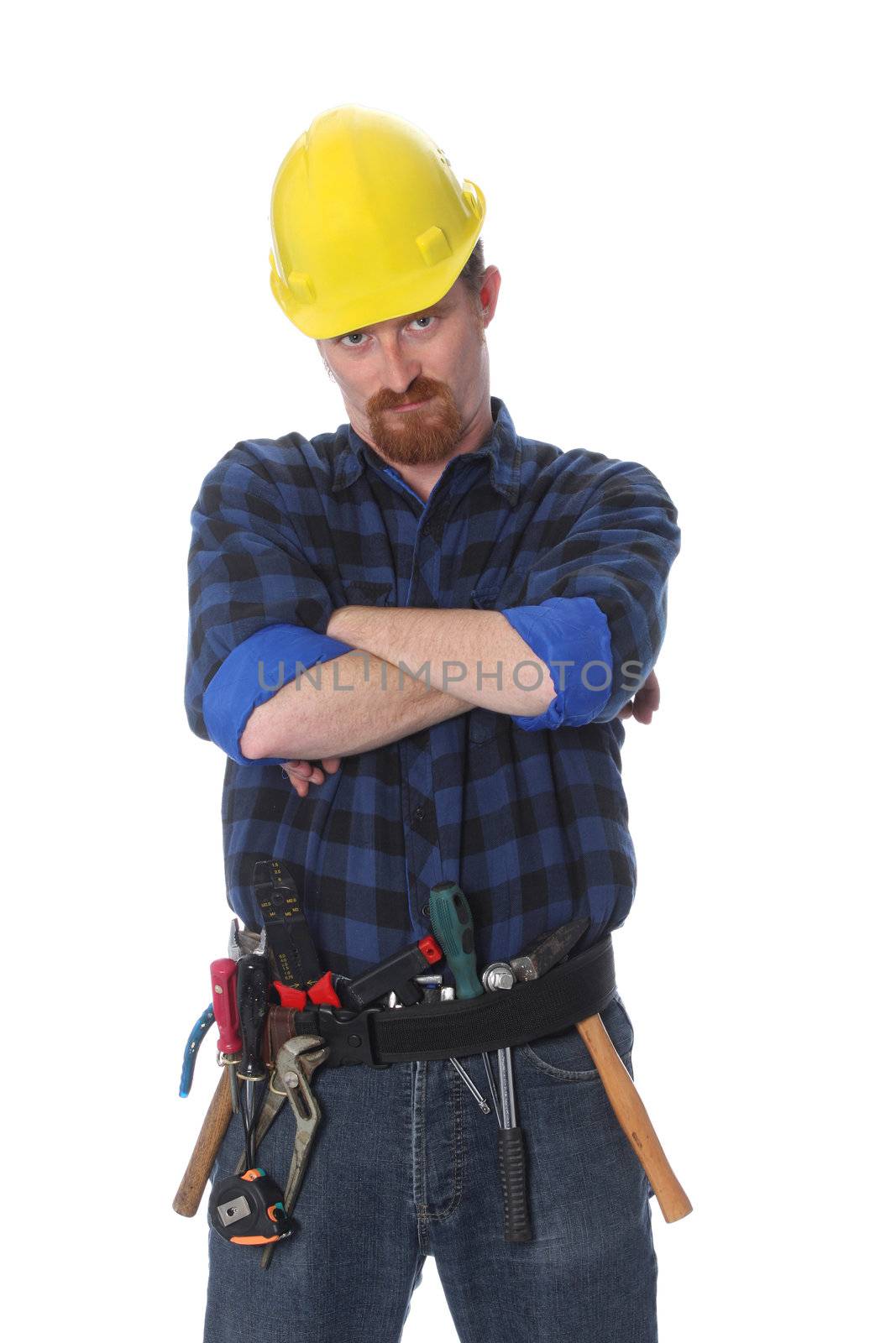 construction worker with helmet on white background