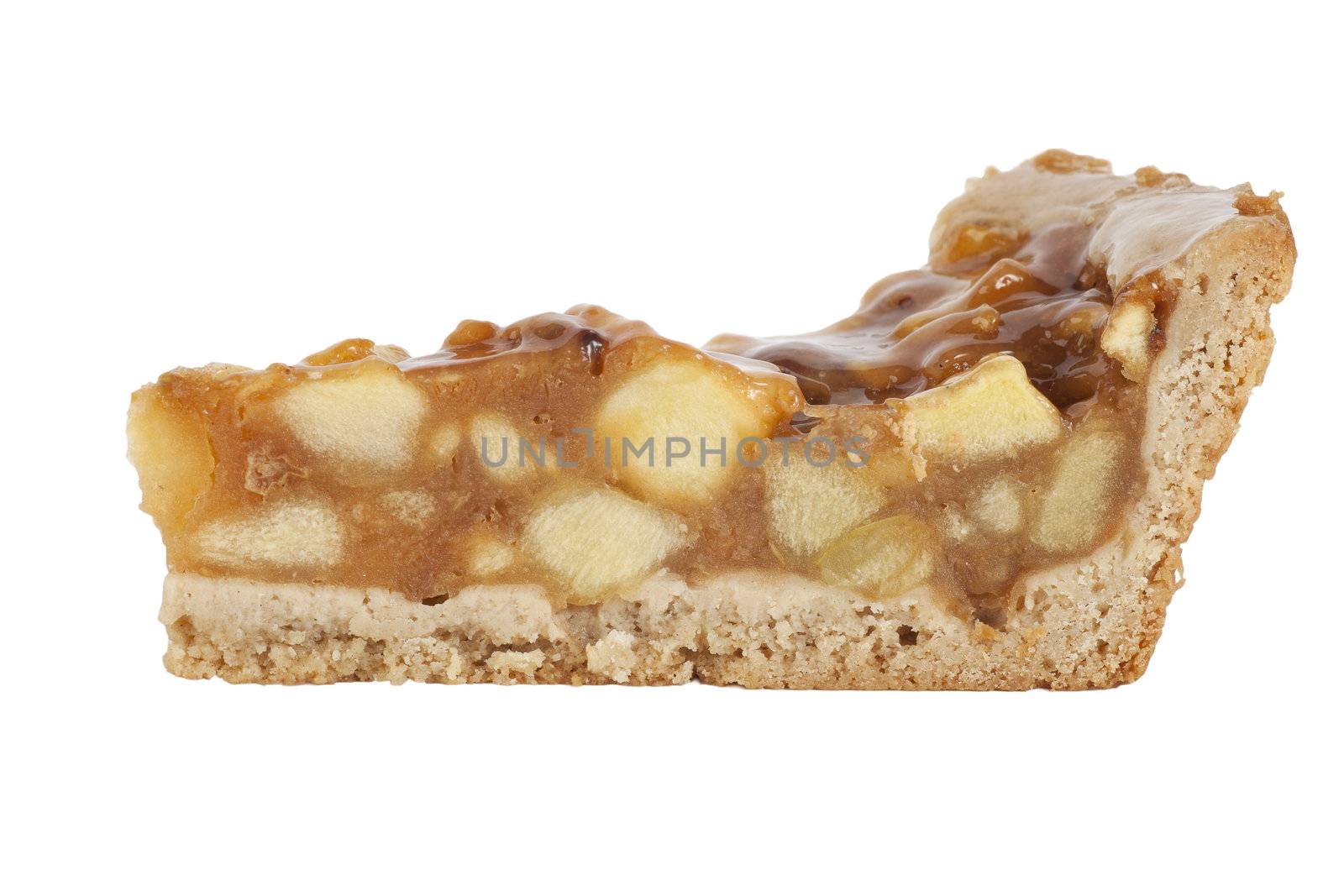 Slice of apple pie, side view, isolated on white.