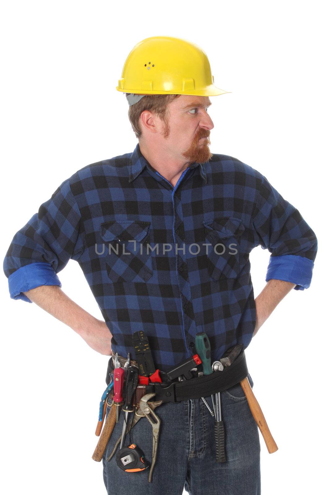 Angry construction worker with helmet on white background