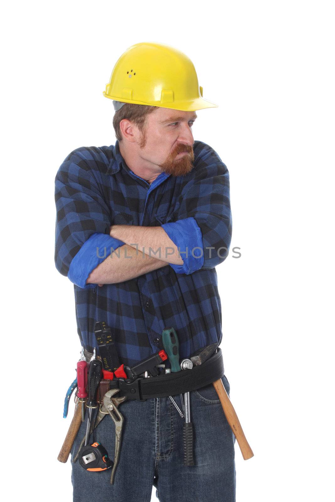 Angry construction worker with helmet on white background