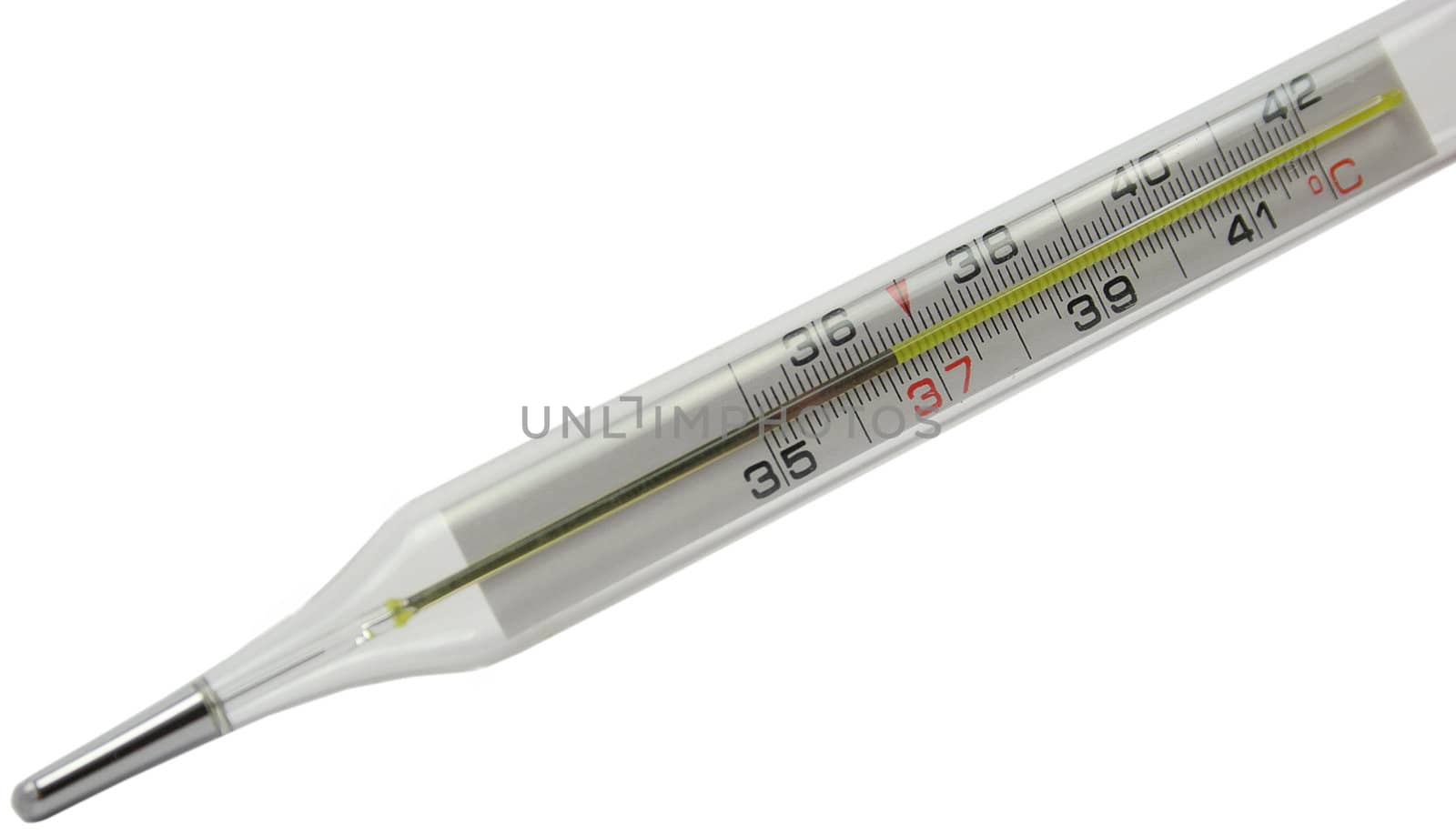 Mercurial thermometer (36,6) isolated on a white background (over white)