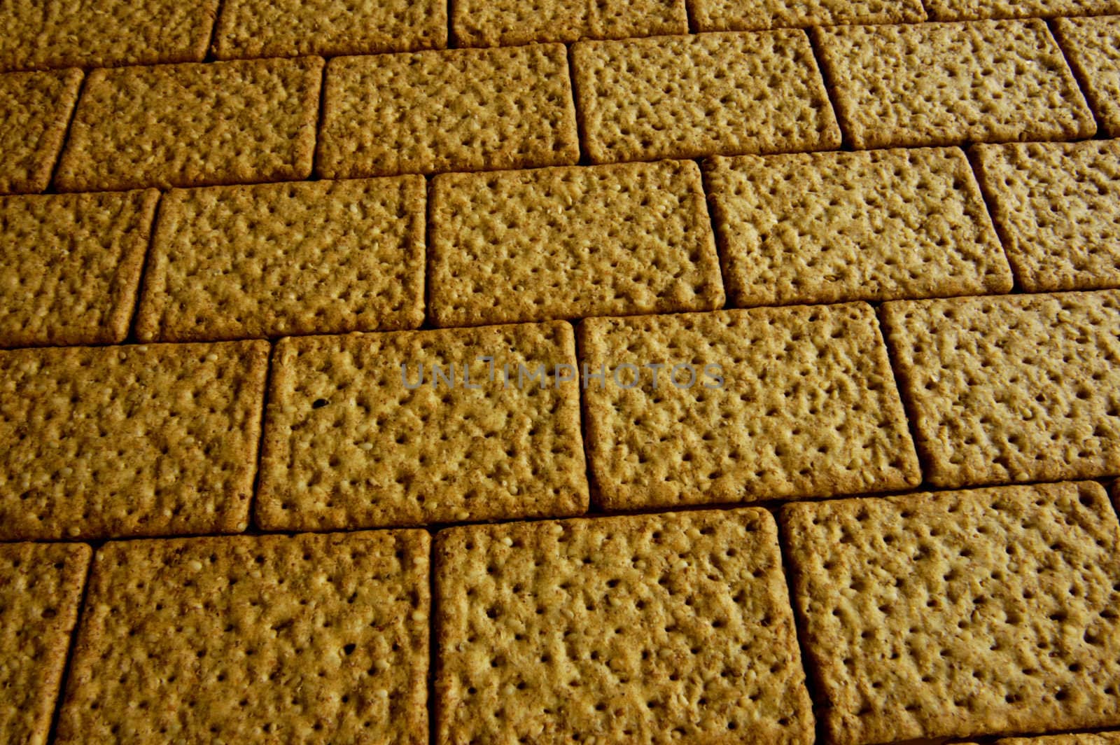 A wall made of wholemeal bicuits, close up.
