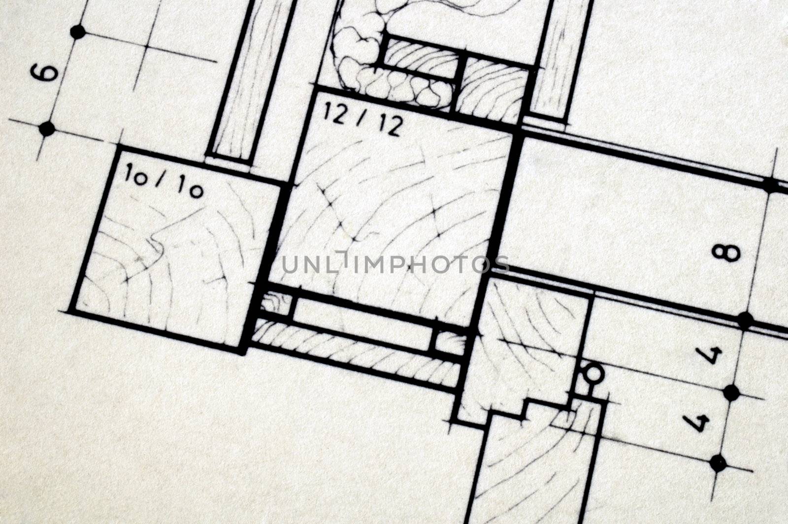 Close up detail of architect's plans for a house. Space for text in the bottom left-hand corner.