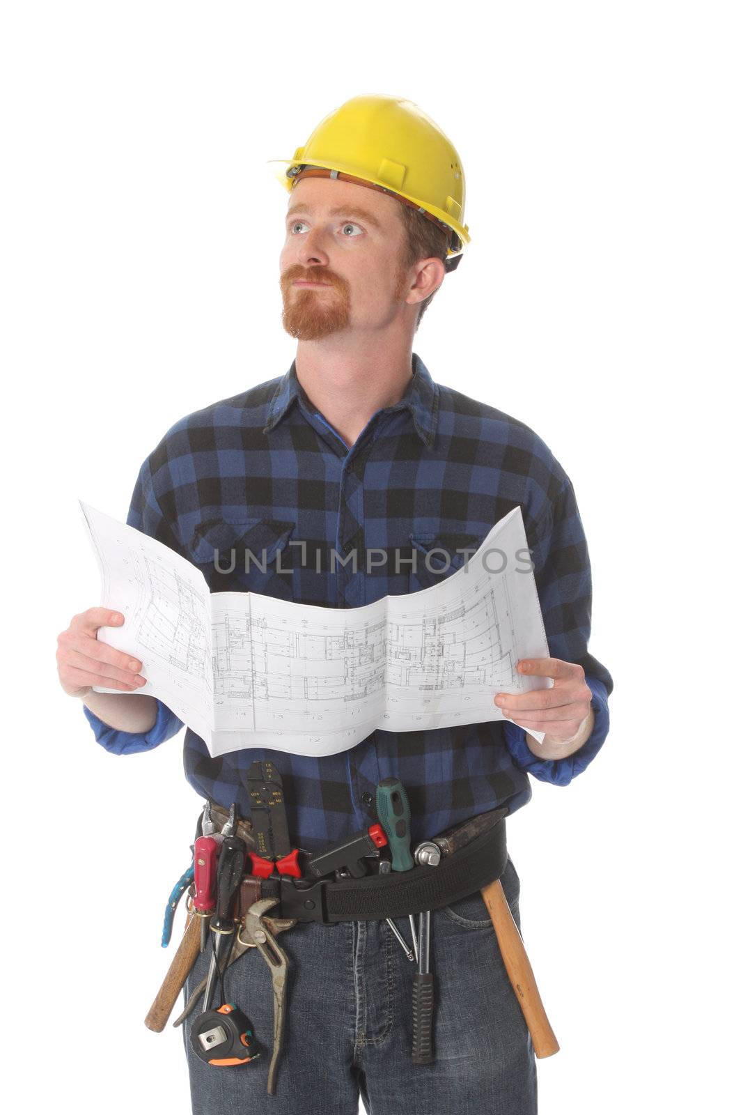 construction worker wonderfully looking up with architectural plans