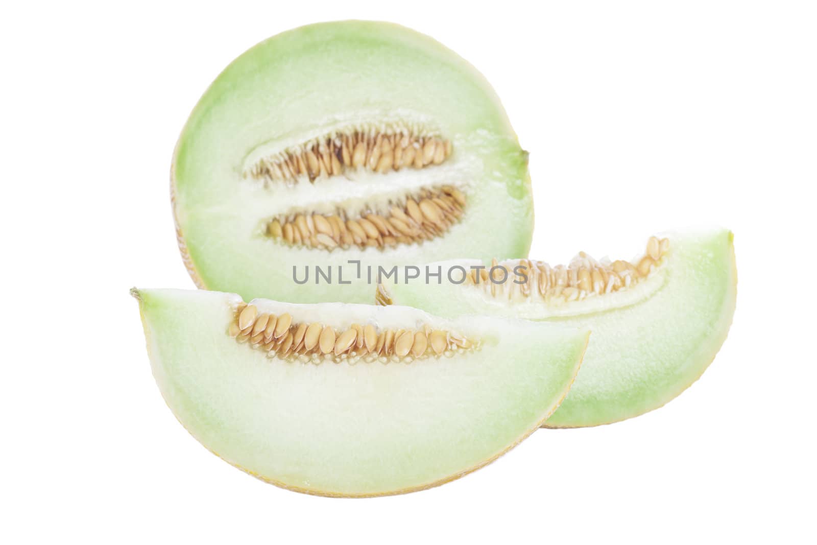 Slices of honeyduw melon with white background