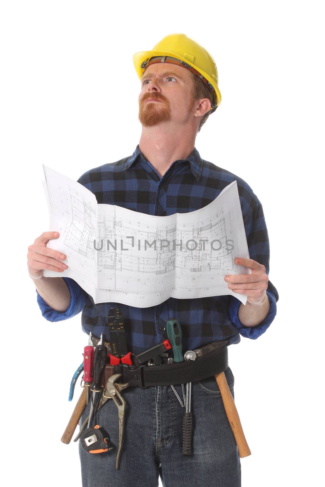 construction worker wonderfully looking up with architectural plans