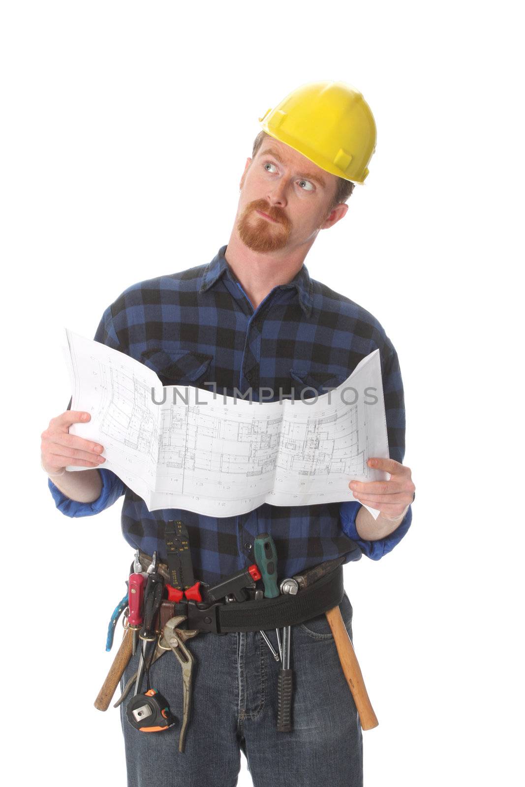 construction worker wonderfully looking up with architectural plans