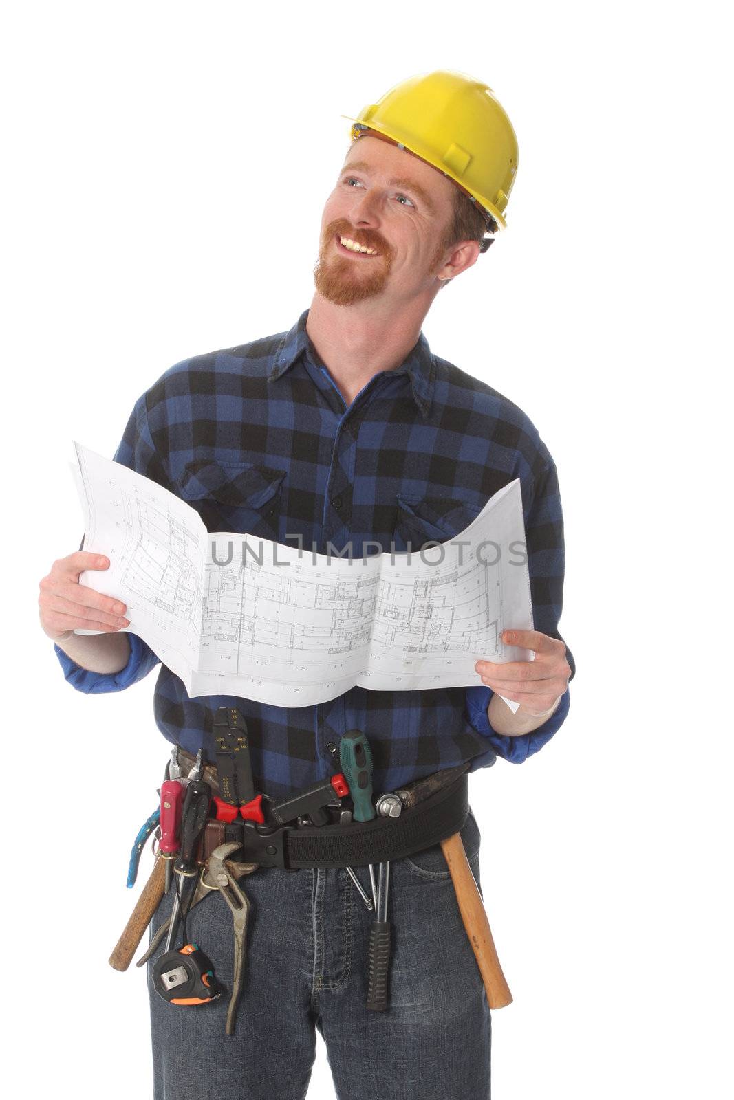 construction worker with architectural plans on white background